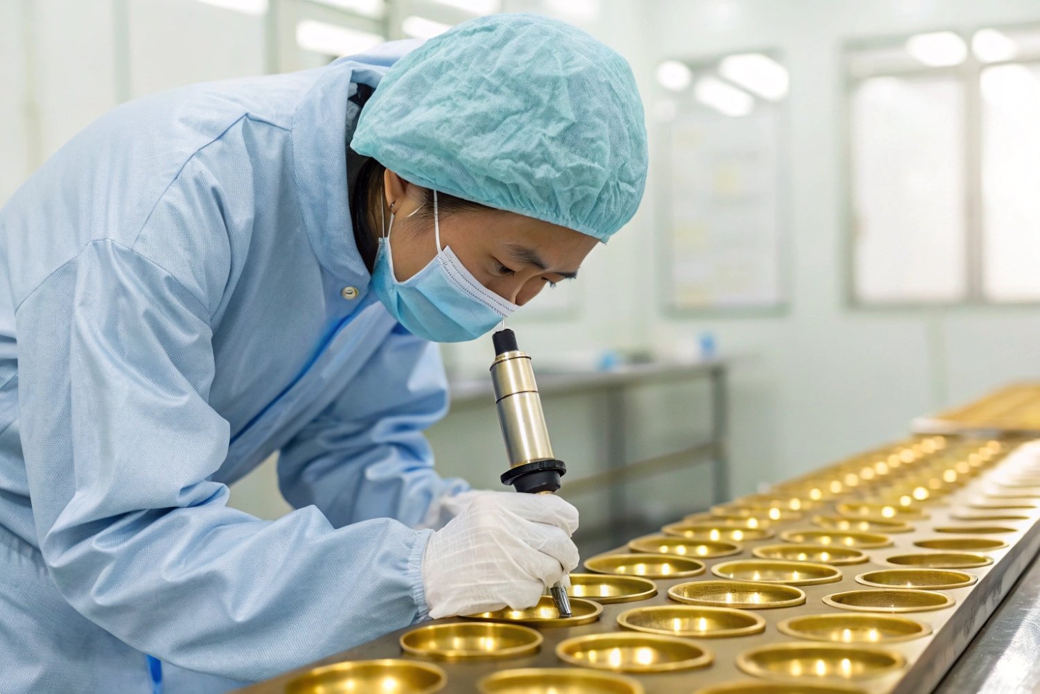 Precision Sterile Cleanroom Assembly Worker in sterile cleanroom gear performing precision assembly on high-end electronic or medical components