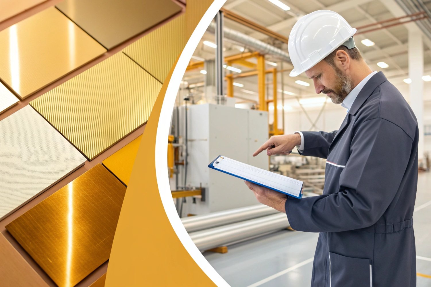 Technical Metal Quality Inspection Engineer in a hard hat inspecting metal product quality against high-end gold textured samples