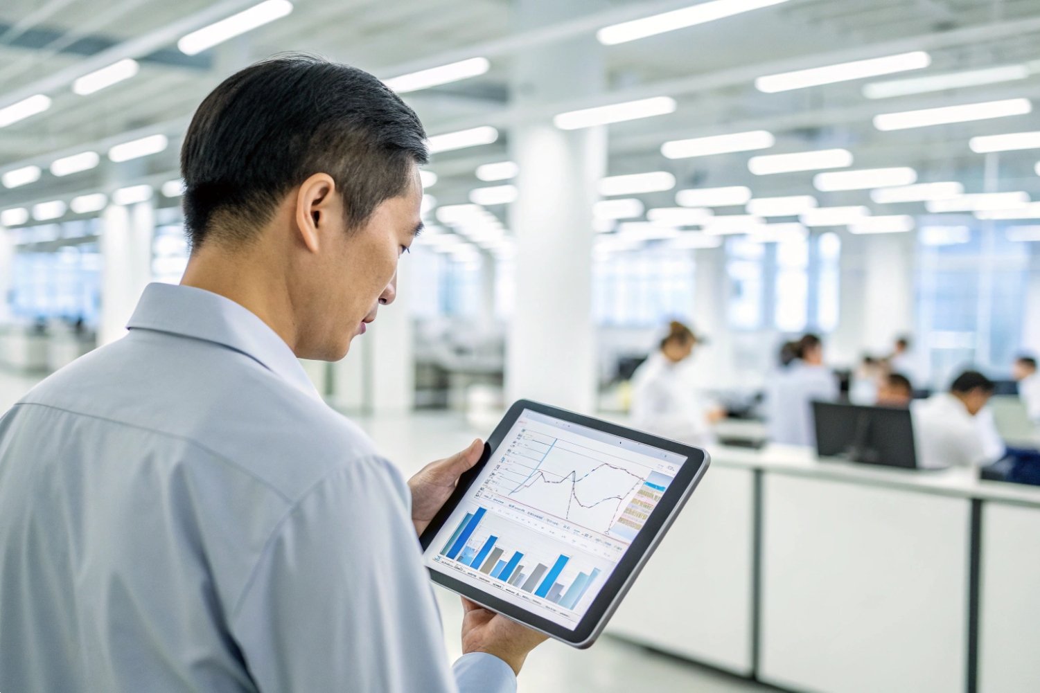 Digital Laboratory Production Monitoring Quality control technician with digital tablet monitoring production data in a cleanroom laboratory environment