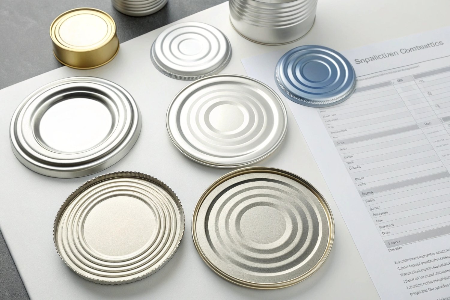 Metal Packaging Component Varieties Collection of various metal container lids displayed with official quality inspection documentation