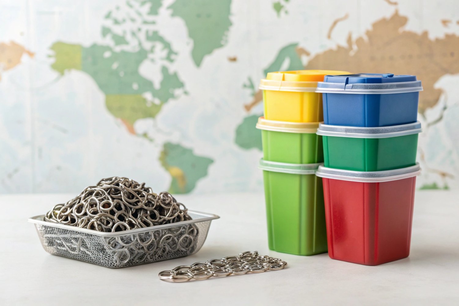 Industrial Storage and Hardware Collection of colorful industrial storage containers and metal chains on a white surface.