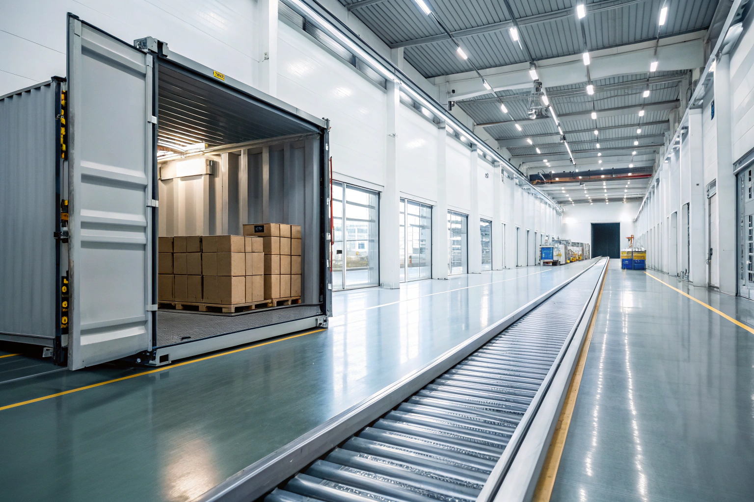 Logistics Facility Empty warehouse with conveyor leading to packed shipping container, logistics, shipment processing