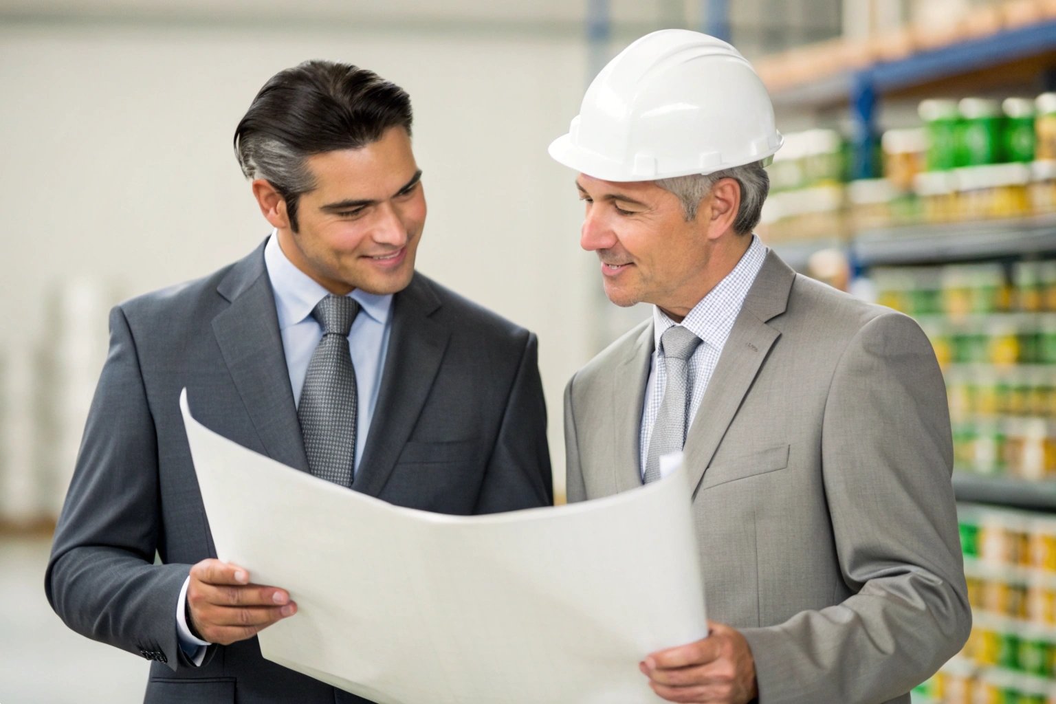 Project Discussion Business professionals discussing project plans, collaboration in industrial environment