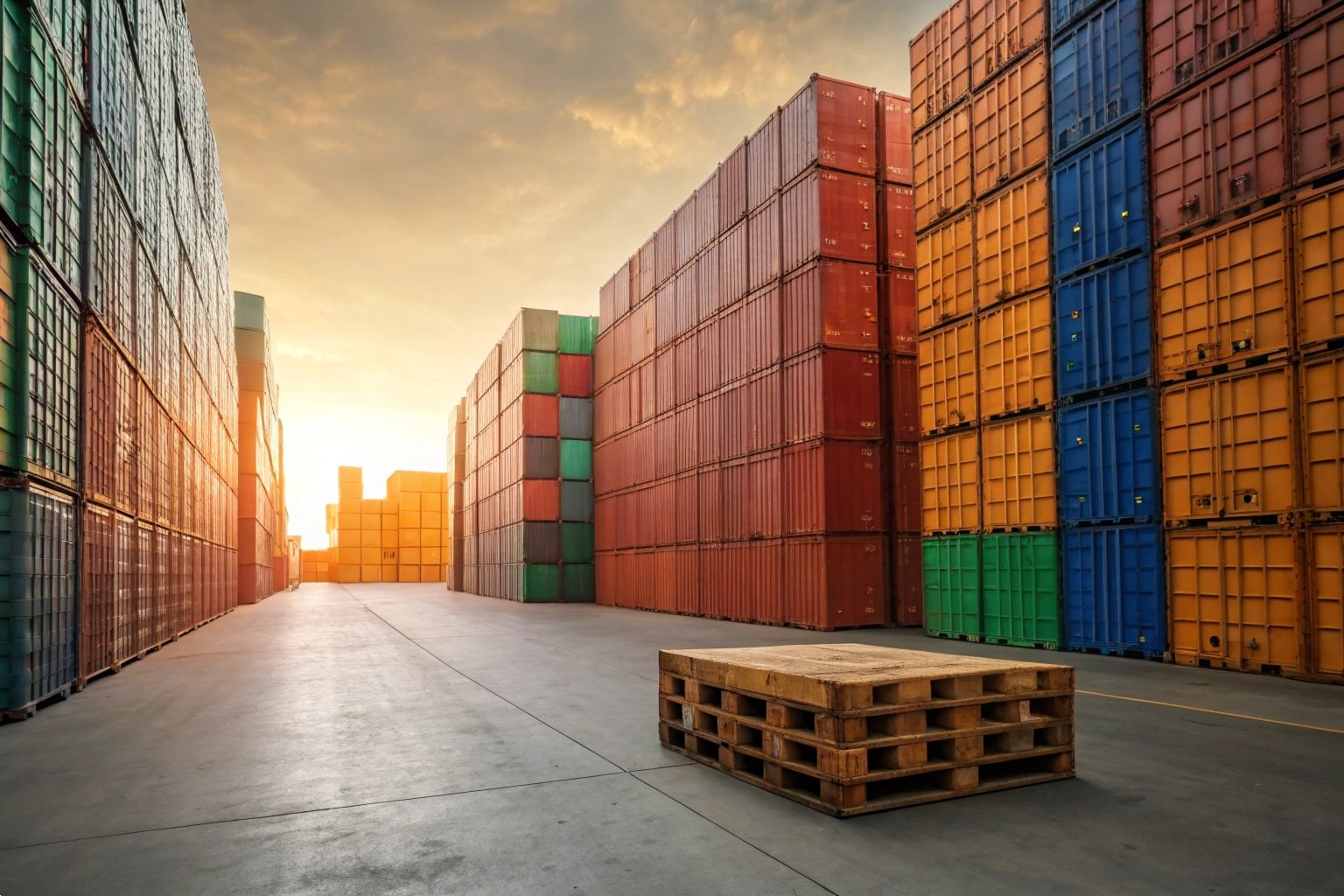 Container Storage Shipping containers stacked outdoors at sunrise, logistics hub, global trade
