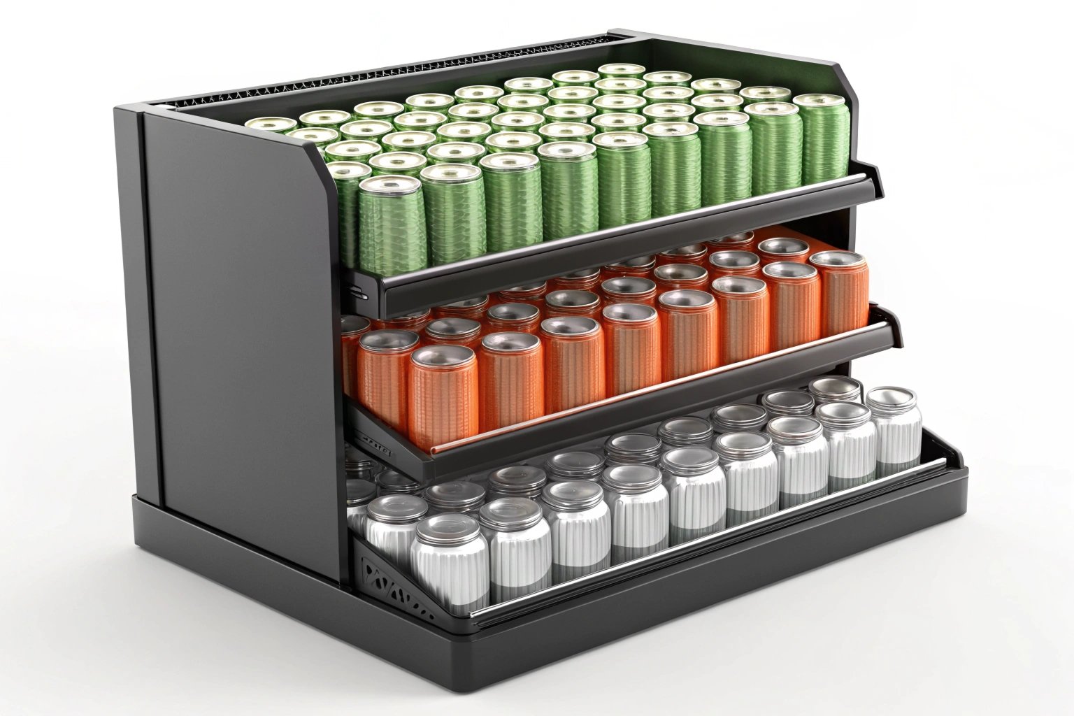 Beverage Display Retail display of canned drinks in assorted colors on multiple shelves.