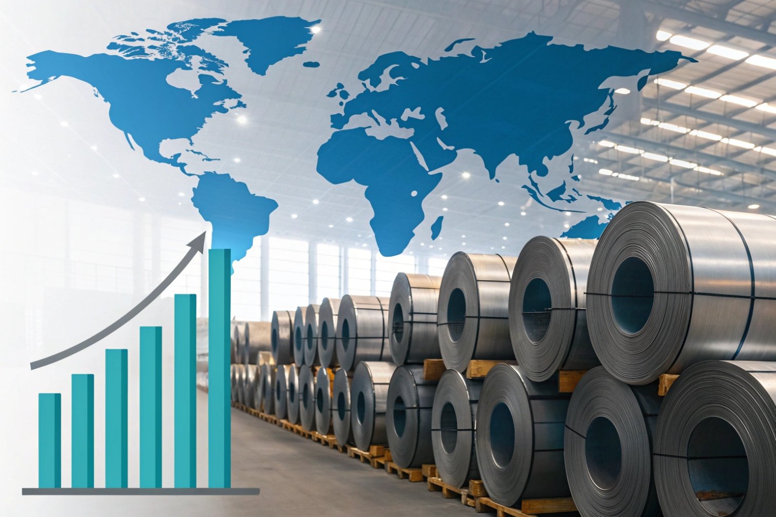 Global Market Growth Sheet metal rolls with global market graph overlay.