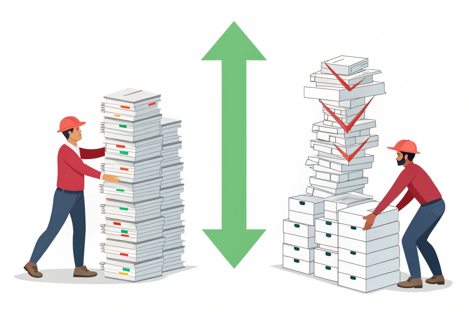 Workflow comparison Illustration comparing organized and disorganized packaging workflows.