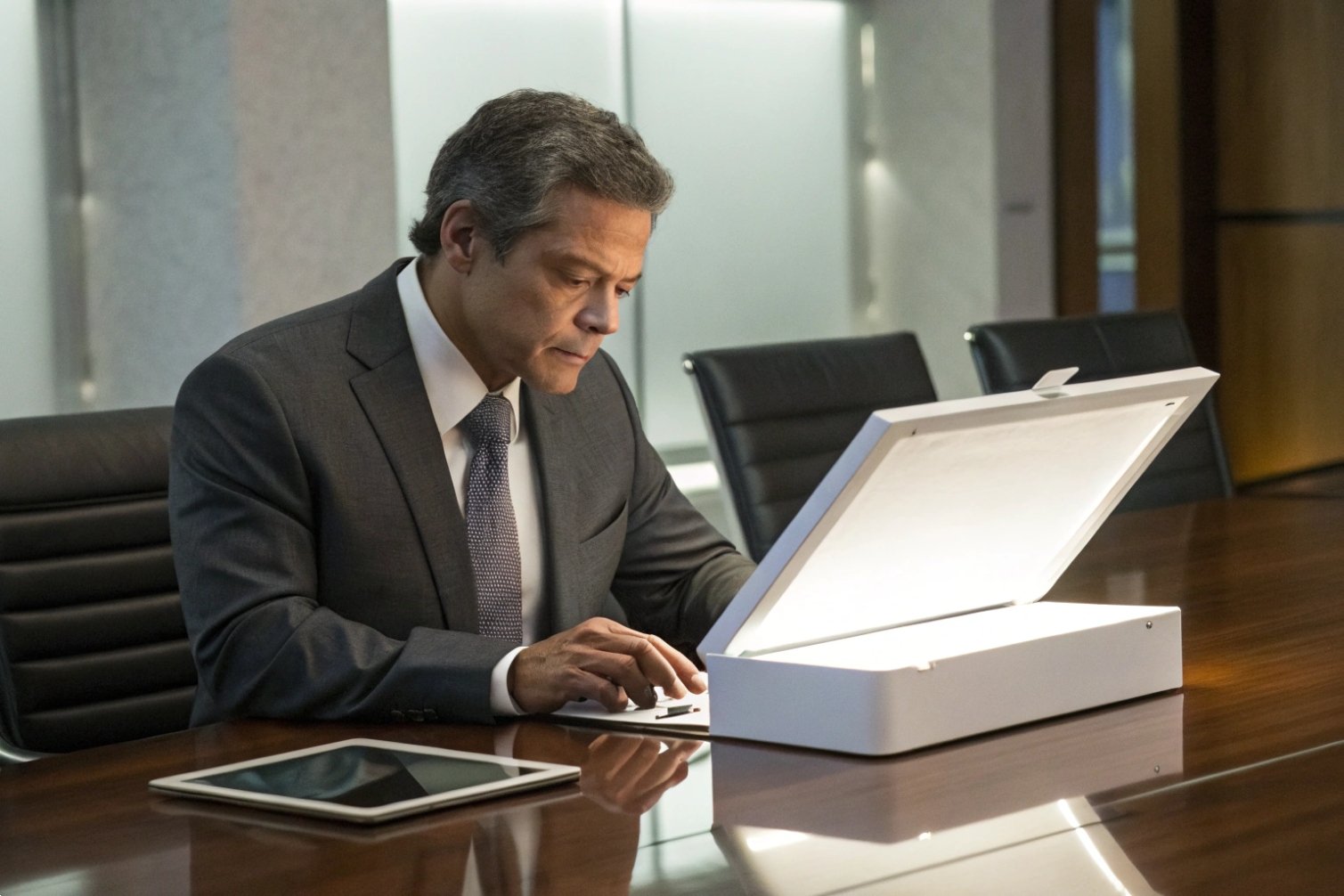 Business decision Executive reviewing document under light, depicting decision-making process.