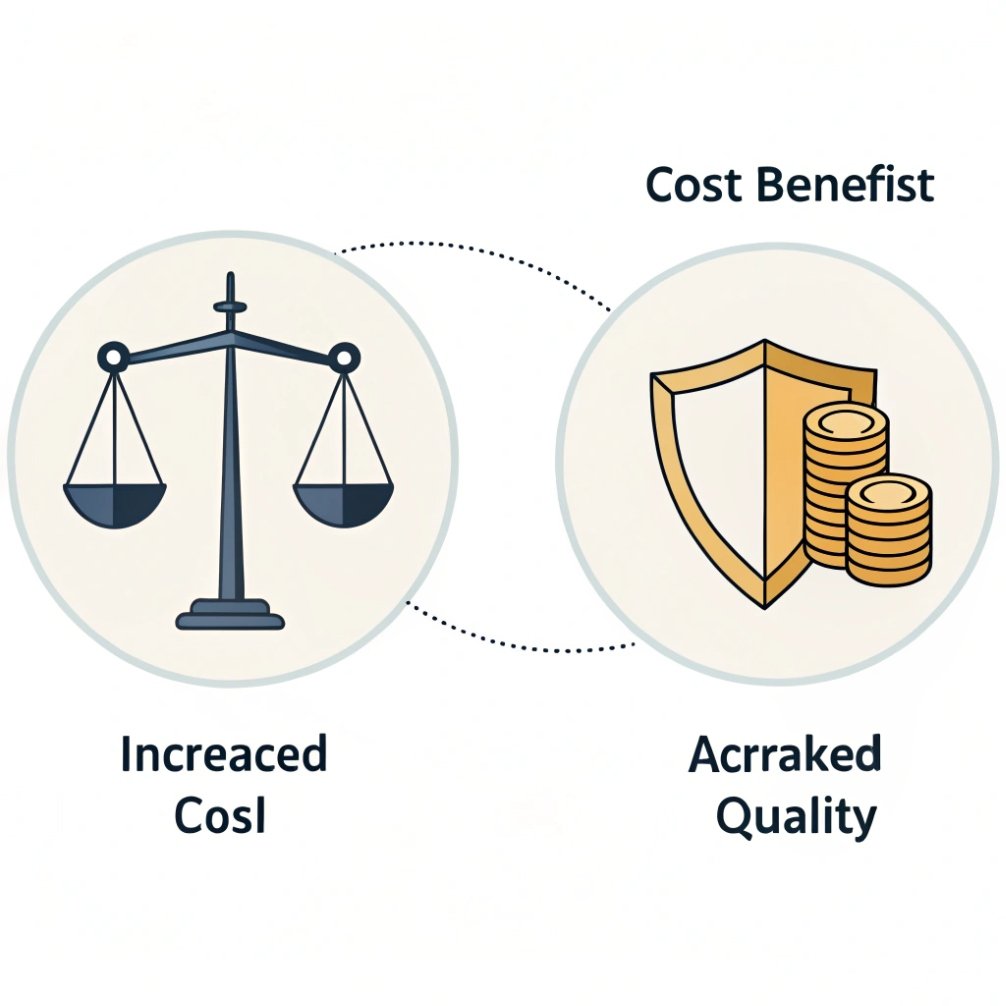 Cost quality balance Infographic showing balance scale and shield with coins, indicating cost vs quality.