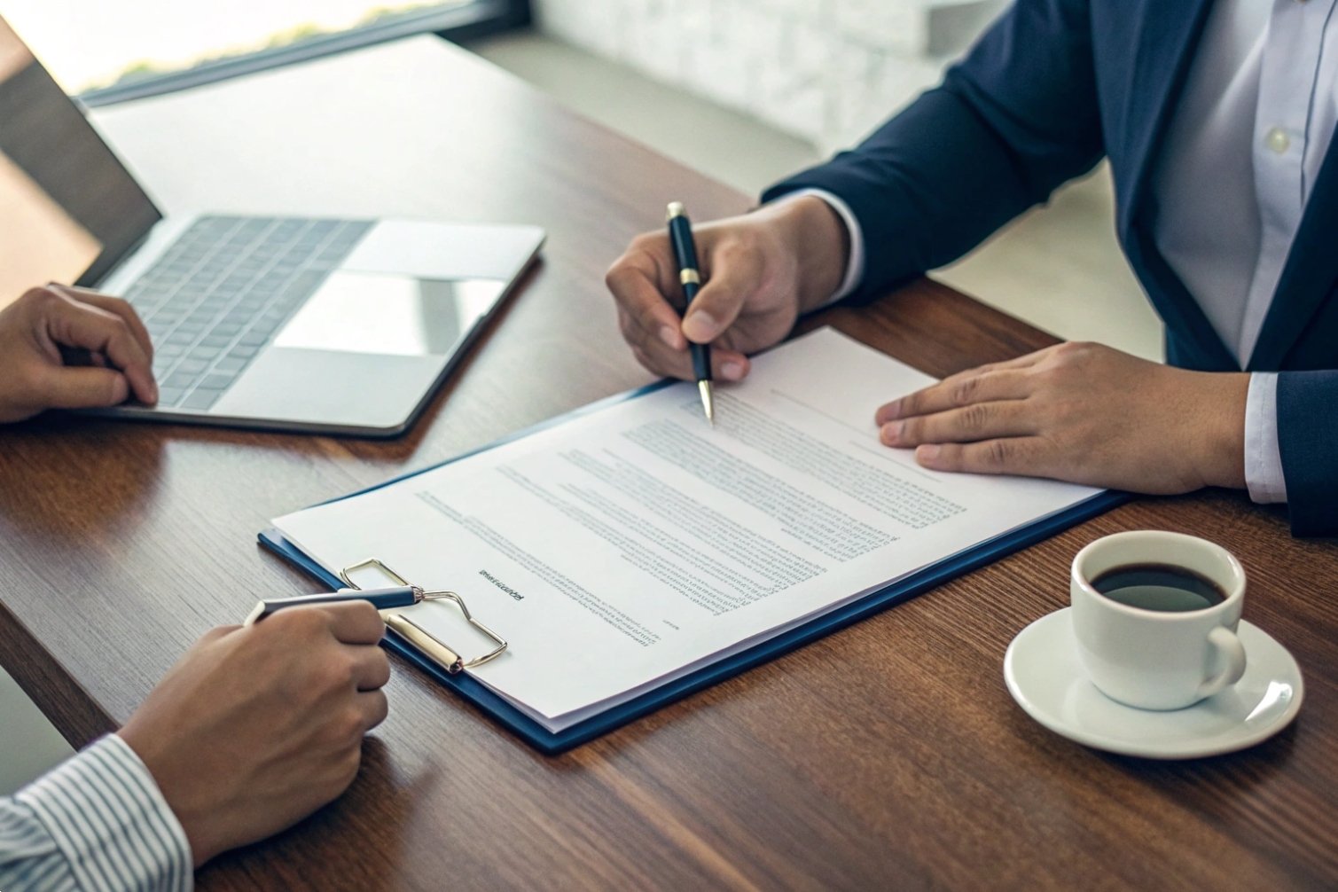 Contract negotiation Business meeting over a contract with laptop and coffee.