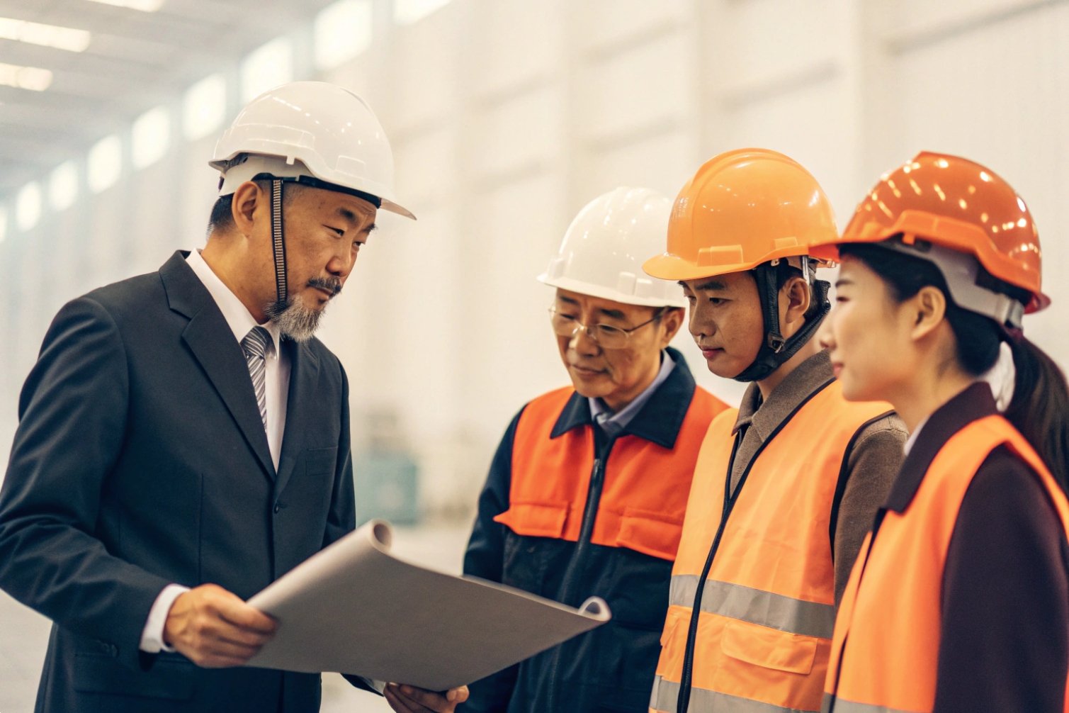Construction planning Team wearing safety gear reviewing construction plan.