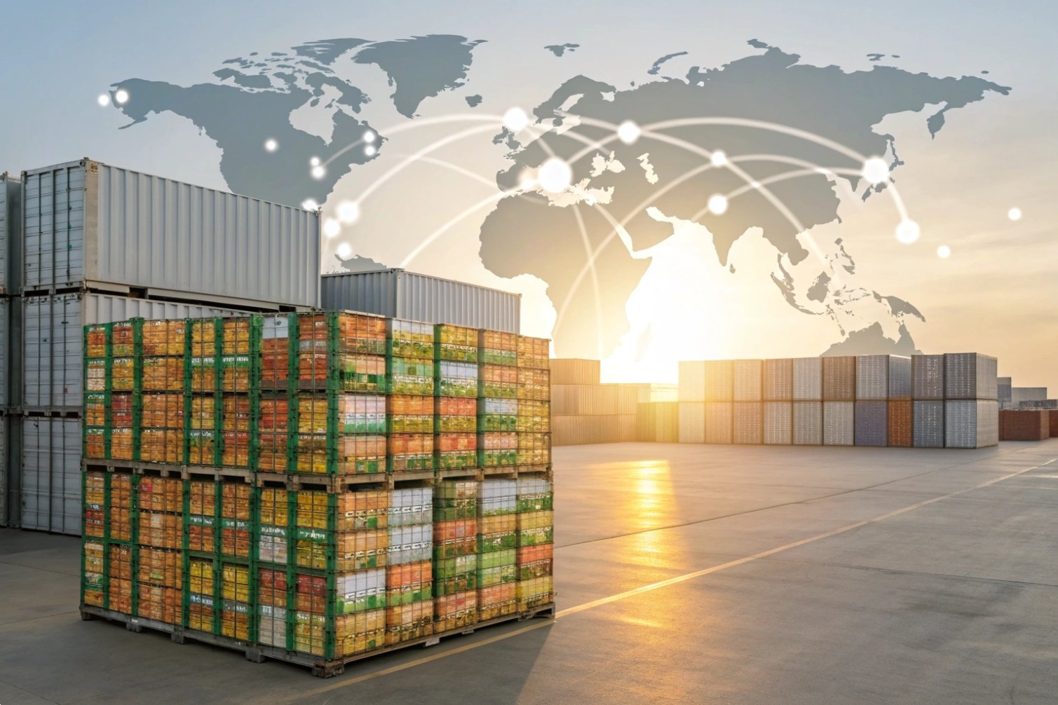 Global logistics Packed goods with global shipping map overlay.