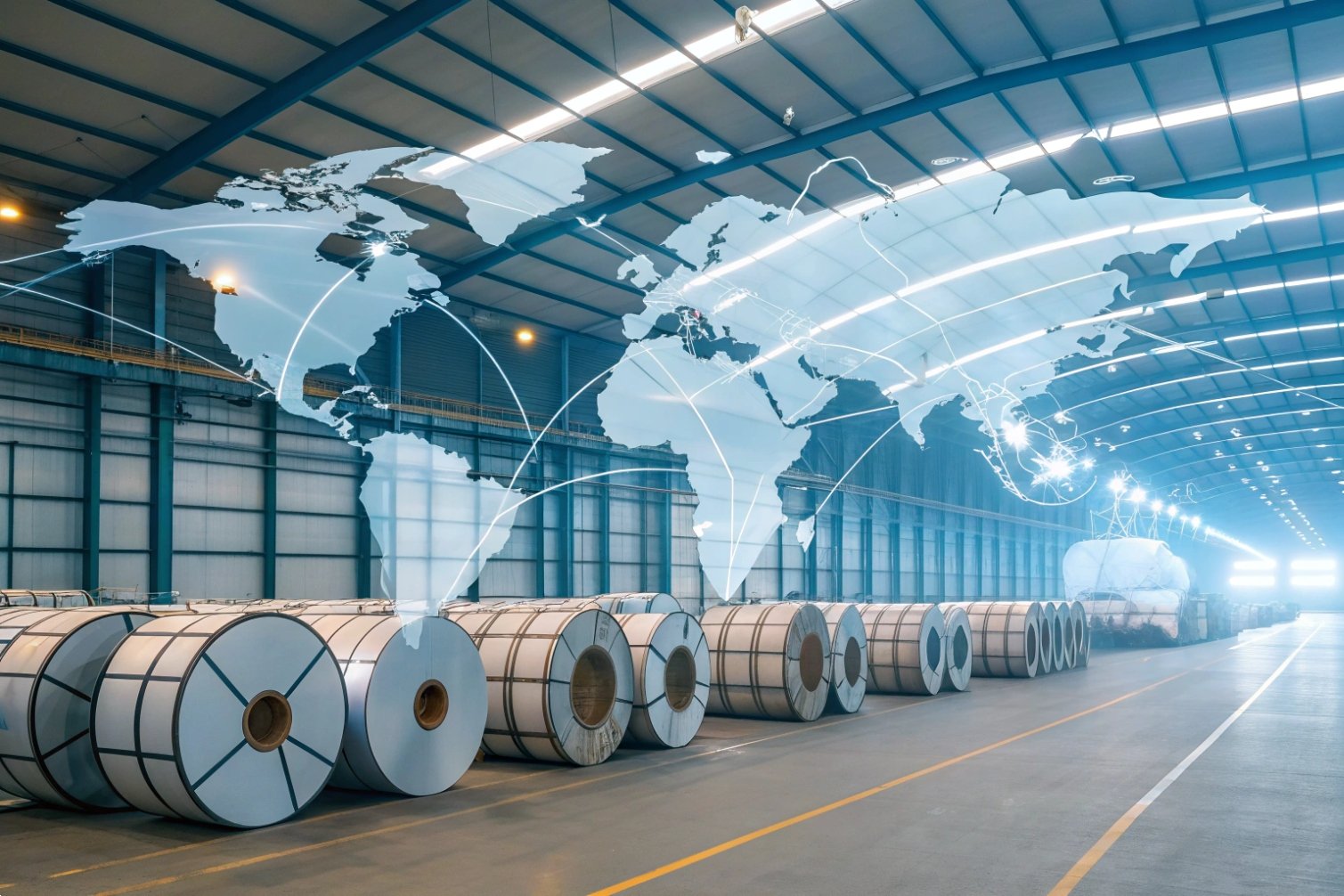 Global warehousing Steel rolls with global logistics map.