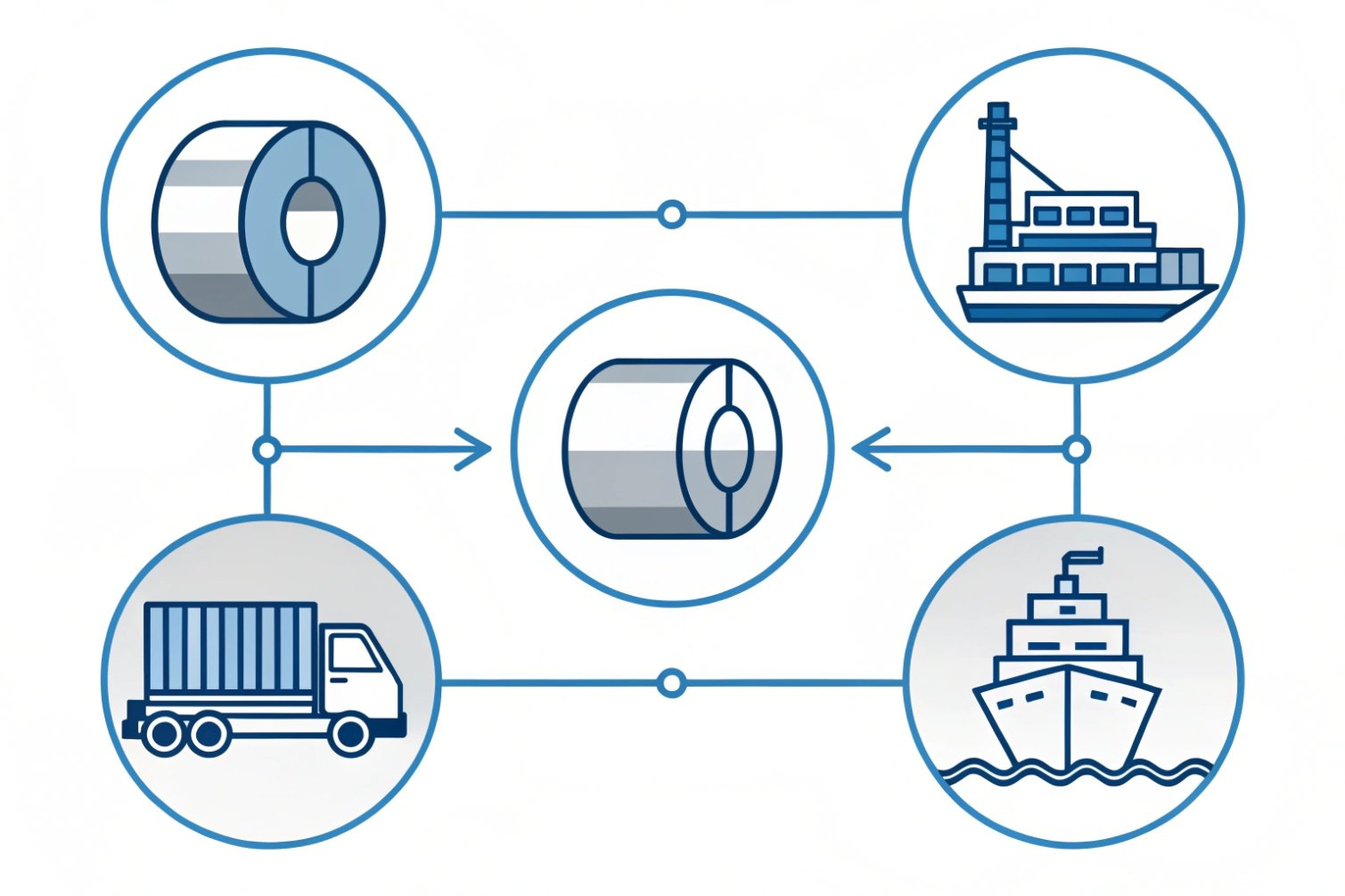 Steel logistics network Illustration depicting steel coil transportation logistics via truck and ship