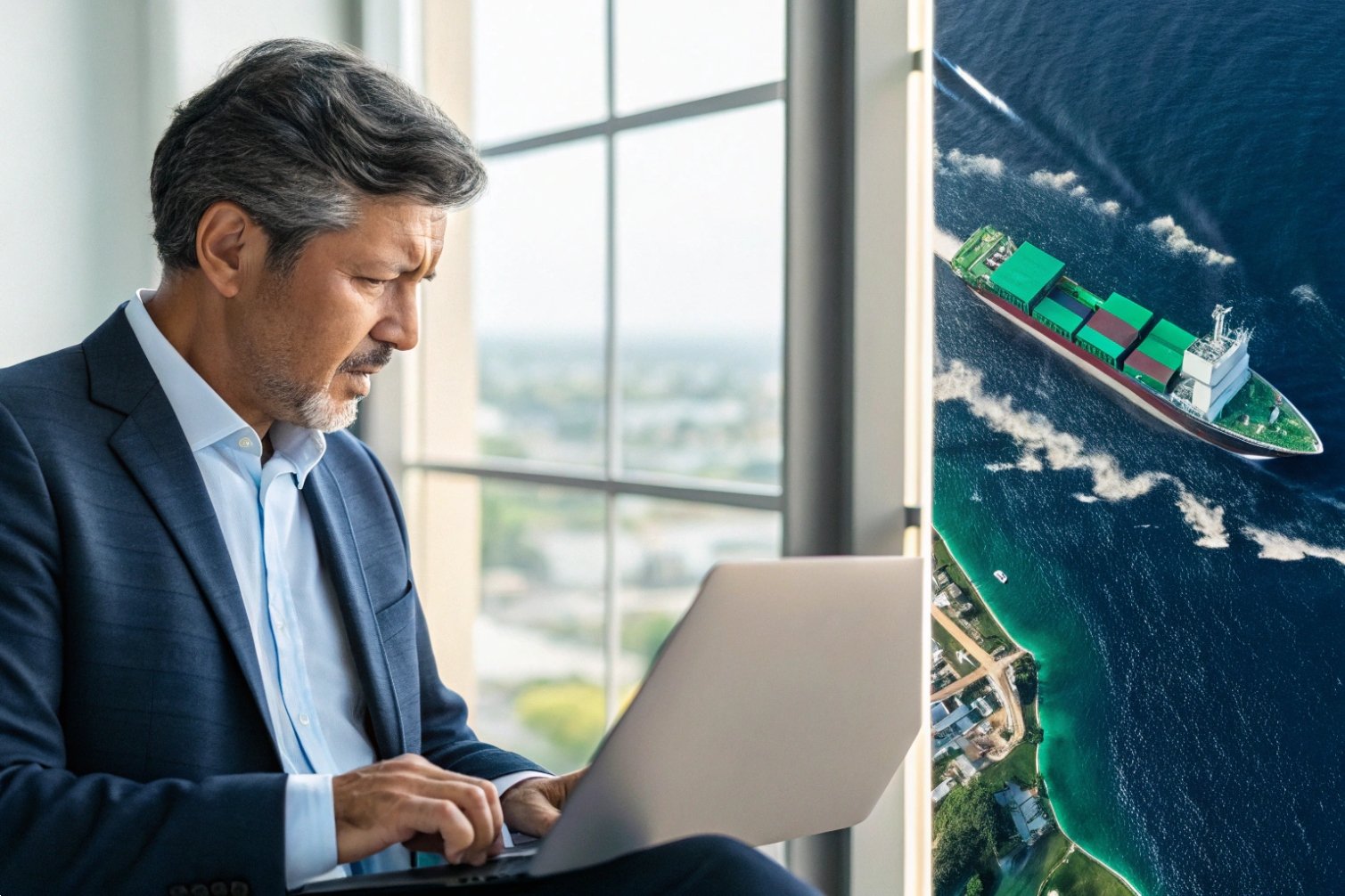 Logistics management Businessman using laptop with ship overlay image.