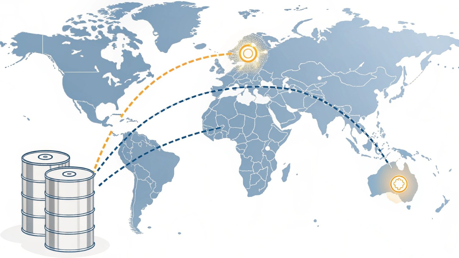 Supply routes Global supply chain map with oil barrels diagram.