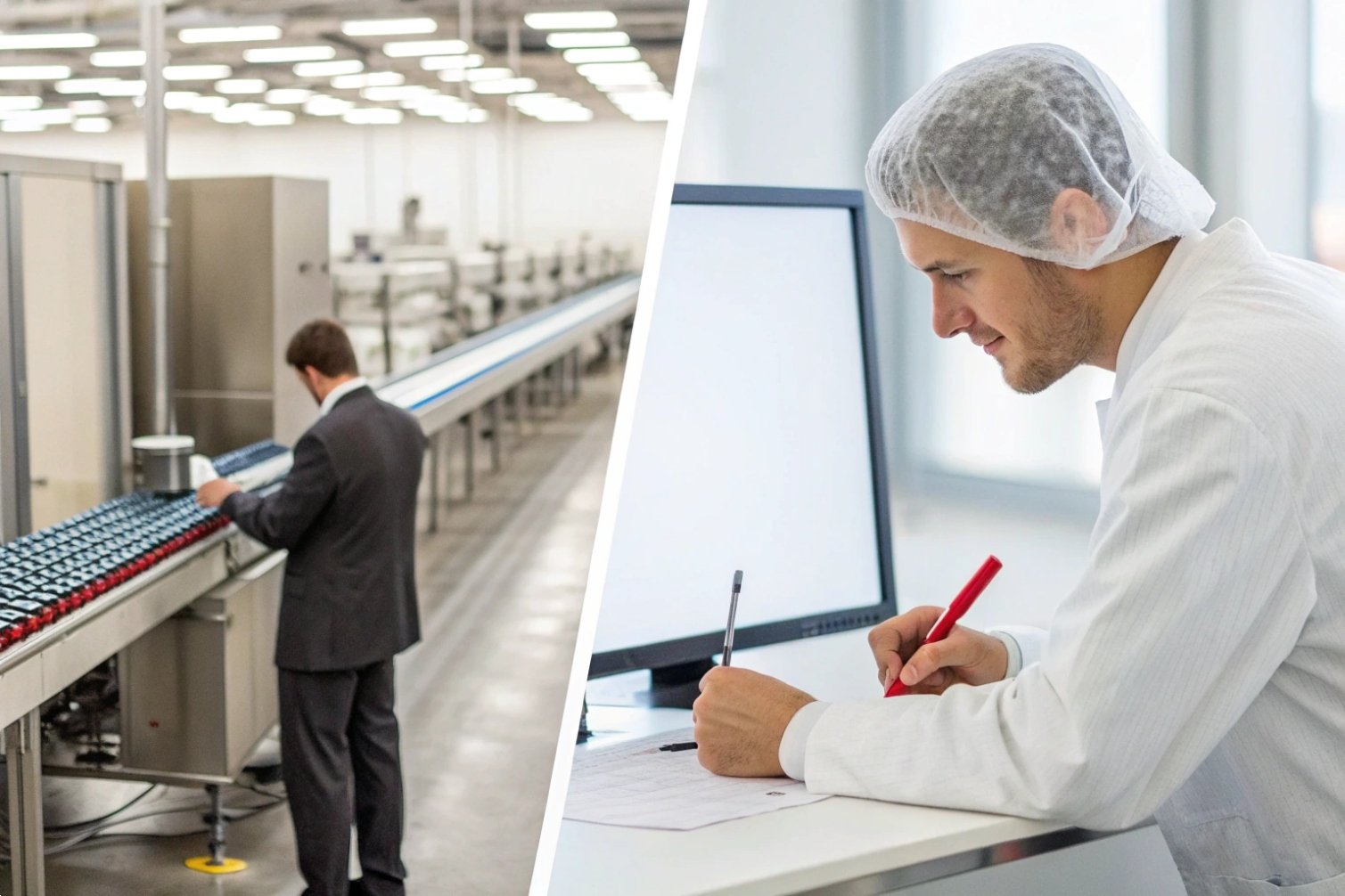 Process evaluation Inspectors at conveyor belt and desk in factory.