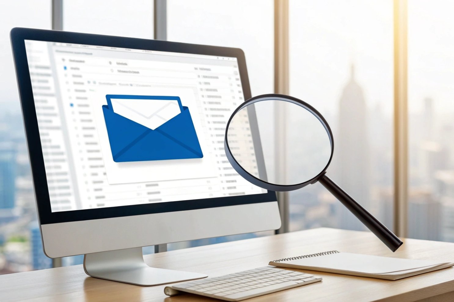 Searching and finding emails Computer screen showing a large blue email envelope with a magnifying glass nearby.
