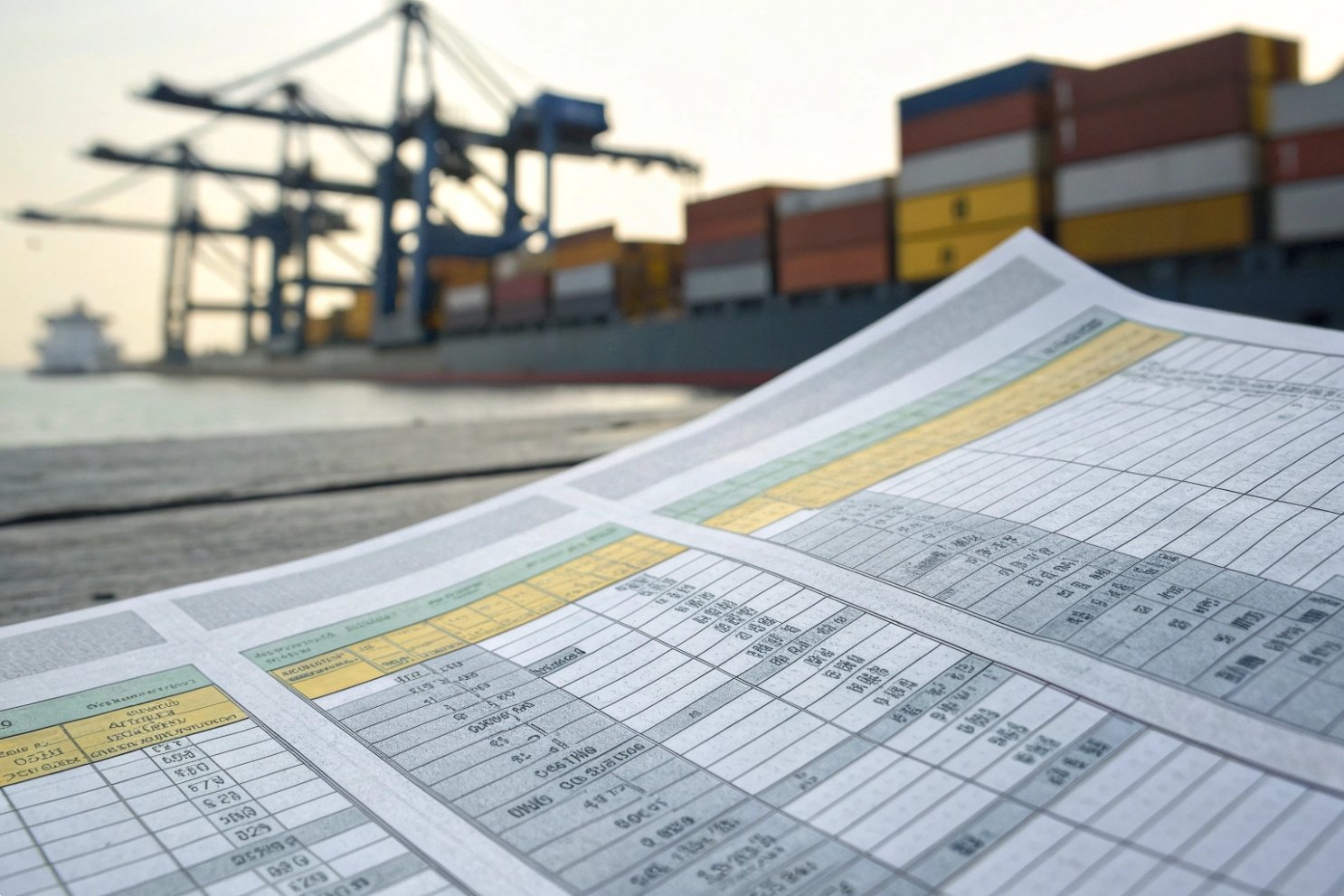 Port documentation and shipping Customs documentation spreadsheet with a container ship and port cranes in the blurred background.