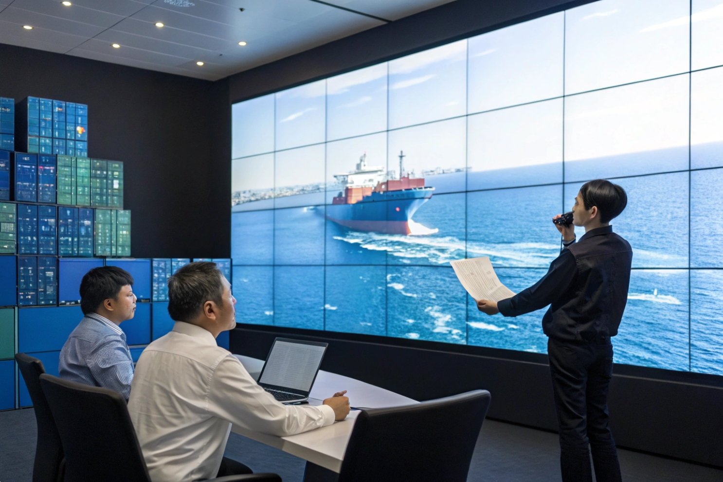 Customs clearance documents Customs documentation spreadsheet close-up with a blurred container ship in the background.