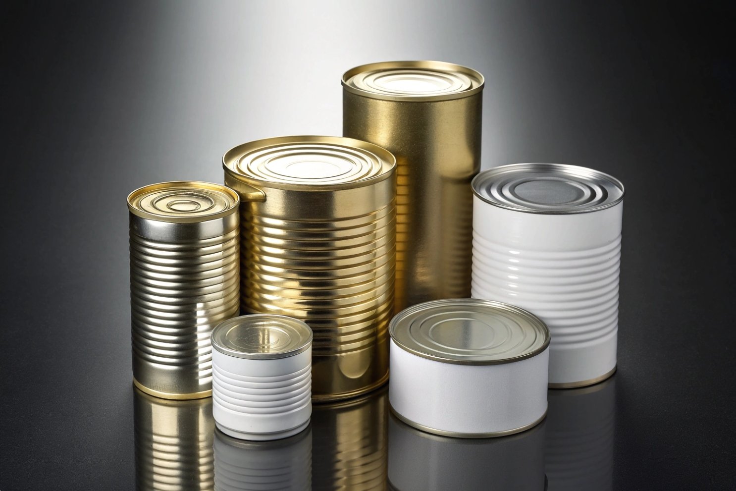 Industrial Tin Can Packaging Assorted gold and white tin cans on a reflective dark surface for industrial packaging display.