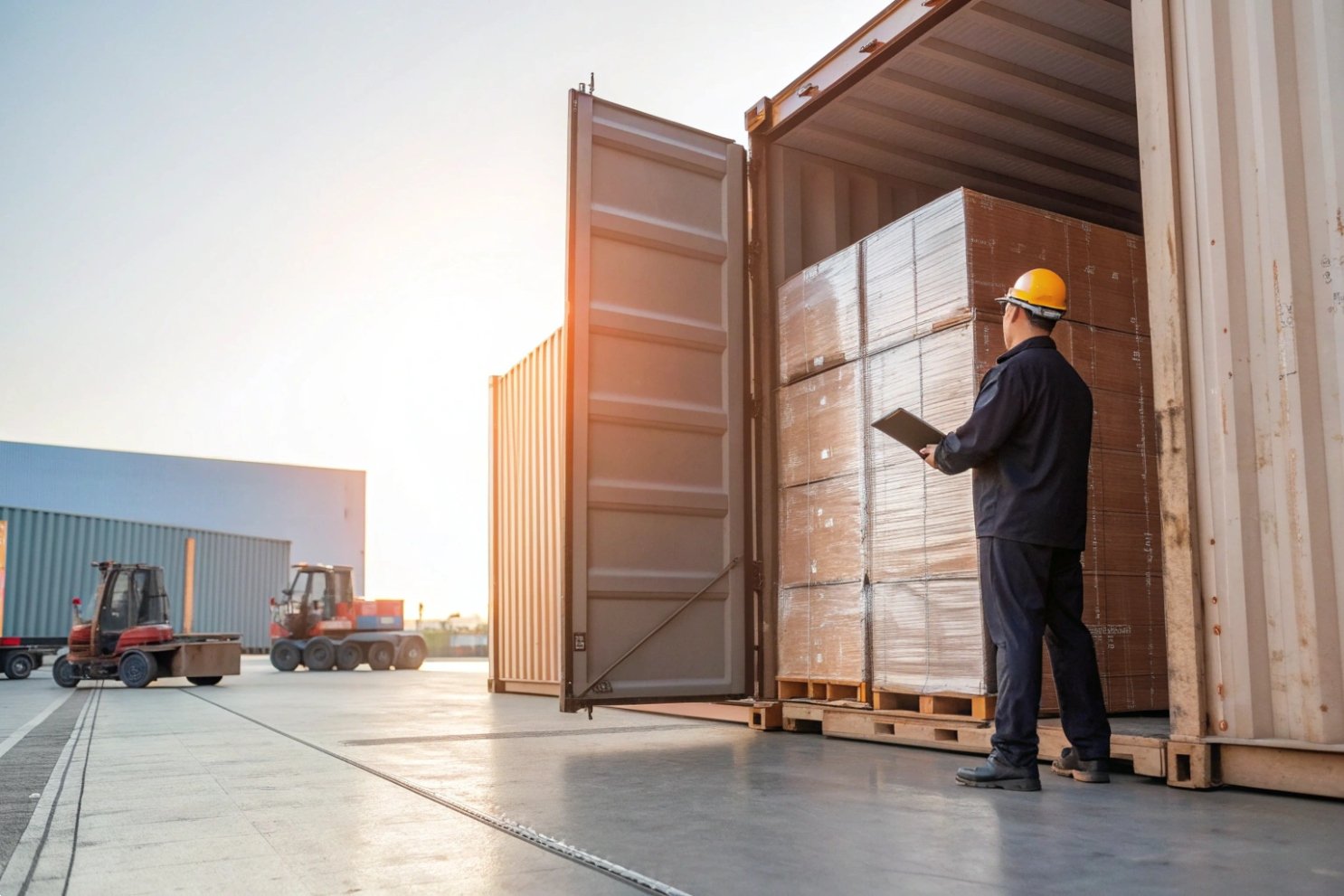 Container Cargo Loading Inspection Logistics worker inspecting and scanning palletized cargo being loaded into a shipping container.