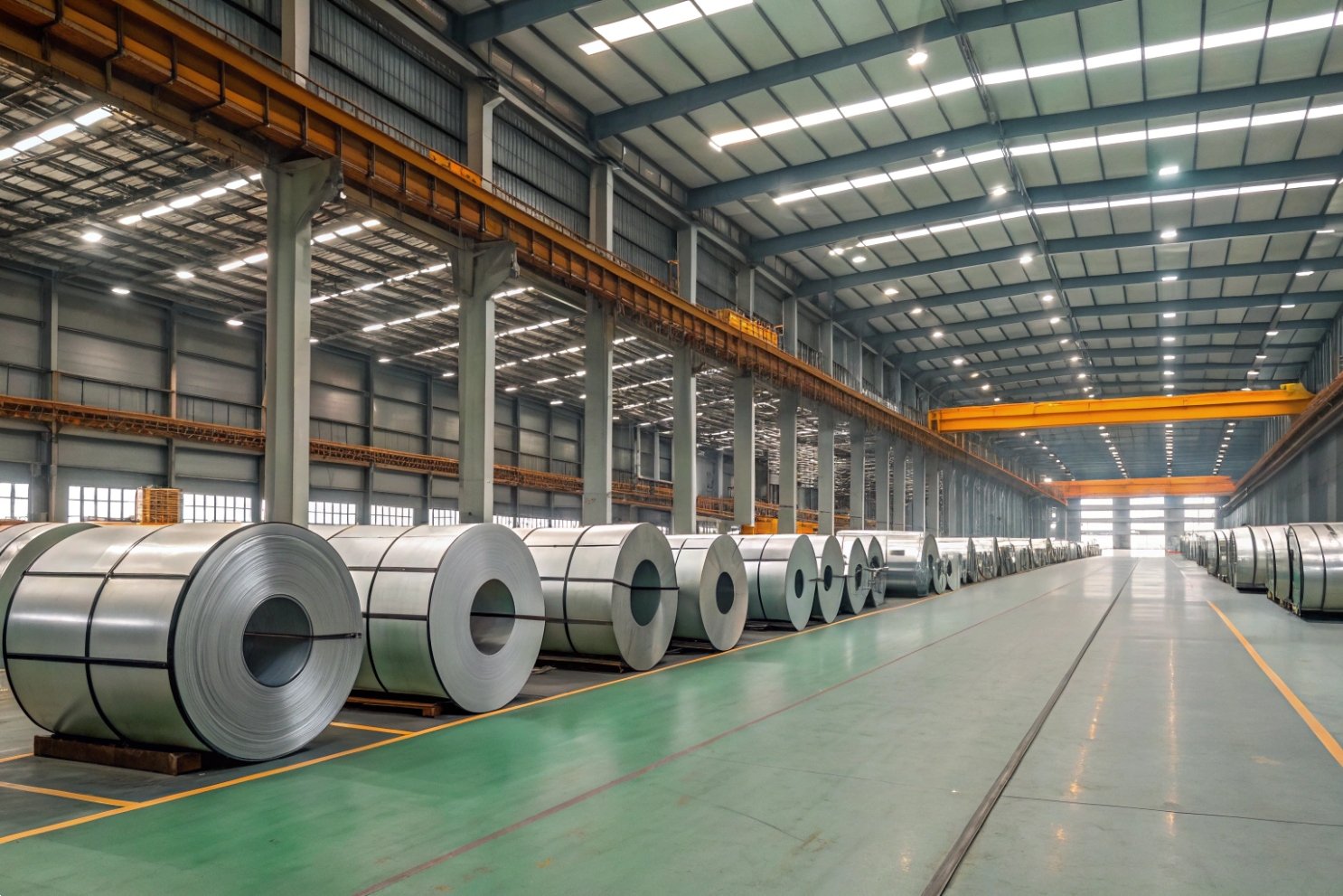 Industrial Steel Coil Inventory Large rows of high-grade steel coils stored in a spacious industrial manufacturing warehouse.