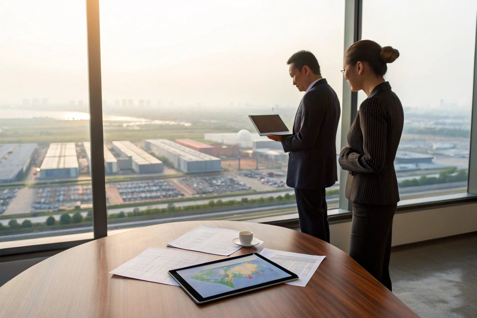 Industrial Strategic Site Planning Business professionals overlooking an industrial park from a high-rise office with digital data tablets