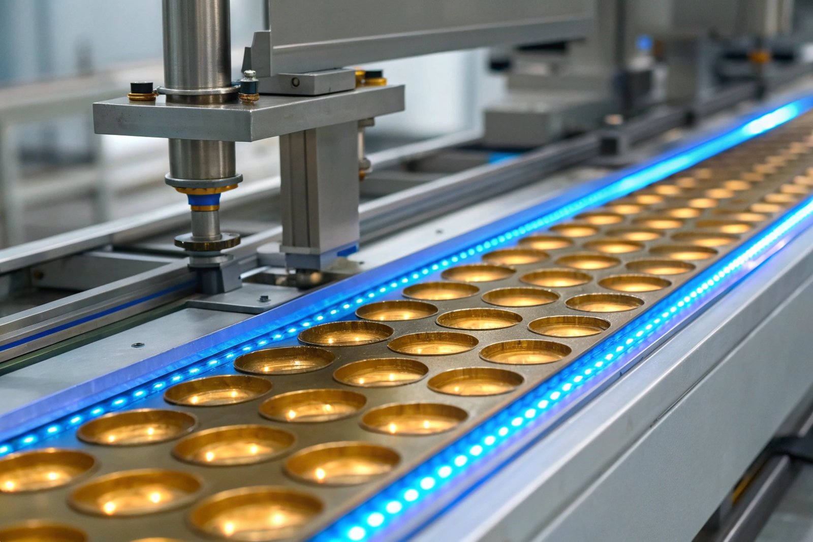 Precision Automated Assembly System Close-up of high-tech automated production machinery with blue lighting on a precision assembly line.