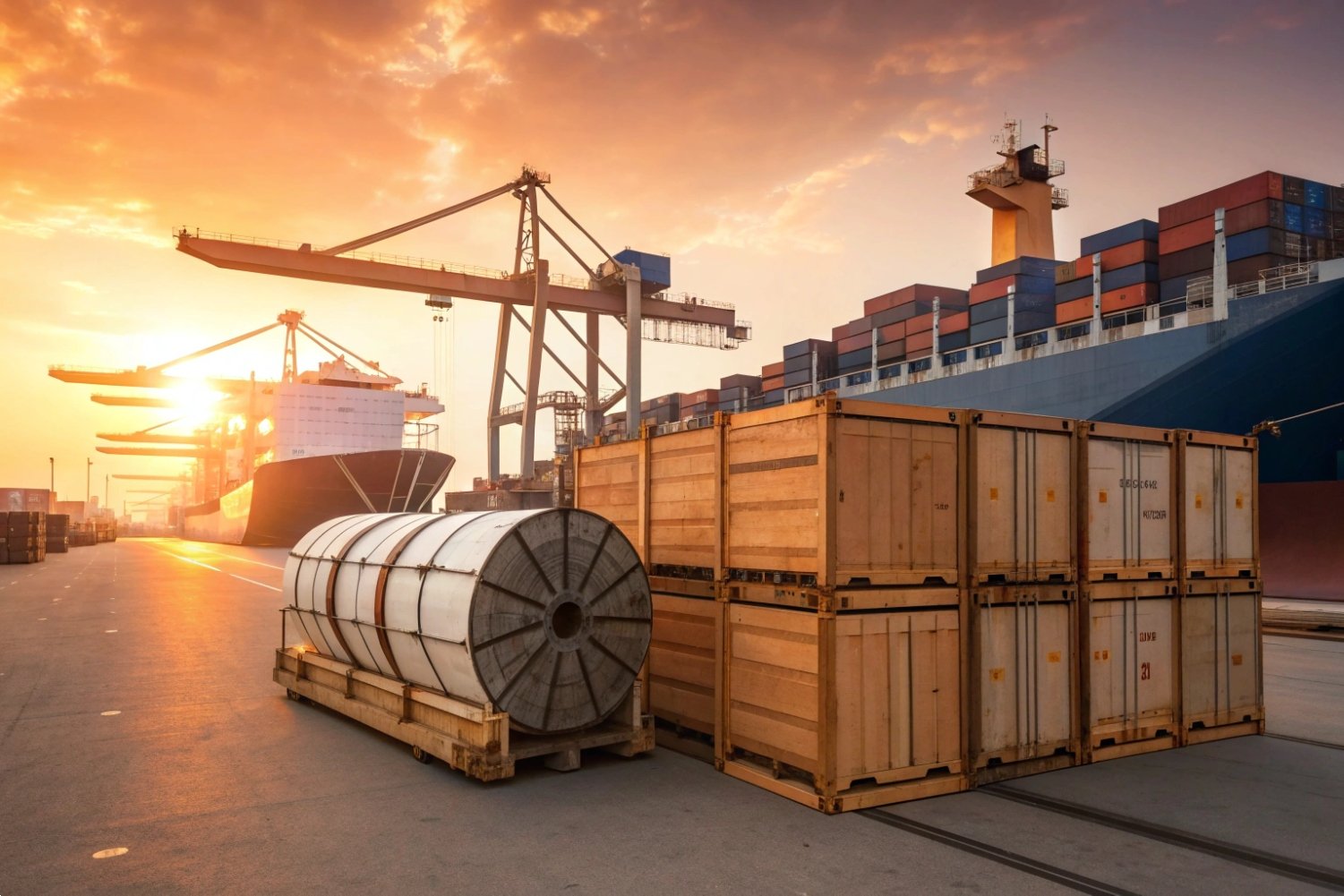 Global Shipping Port Logistics Large shipping containers and steel rolls at a port terminal during a vibrant orange sunset.