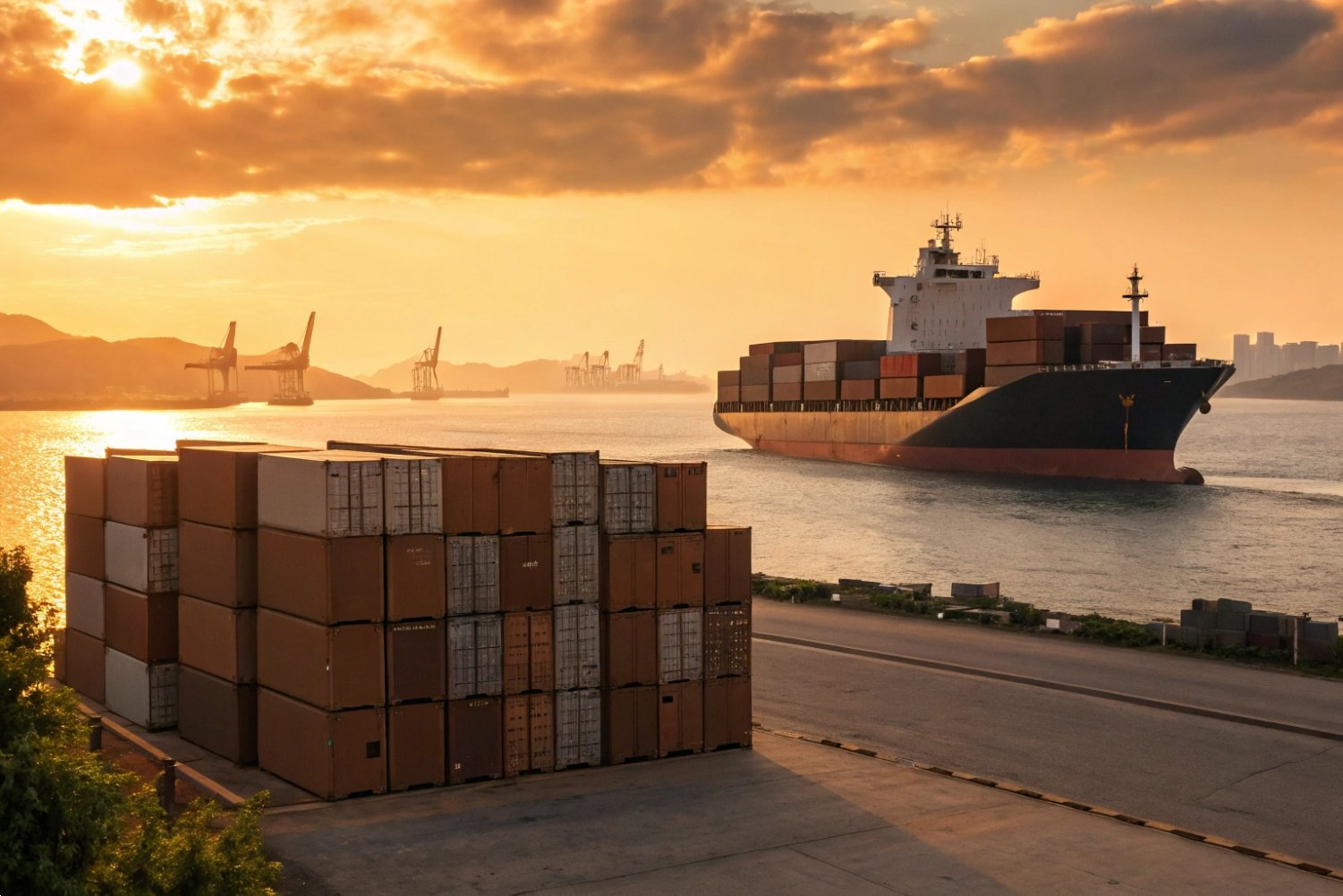 Global Shipping Port Sunset Large container ship navigating a busy international port terminal during a vibrant golden sunset
