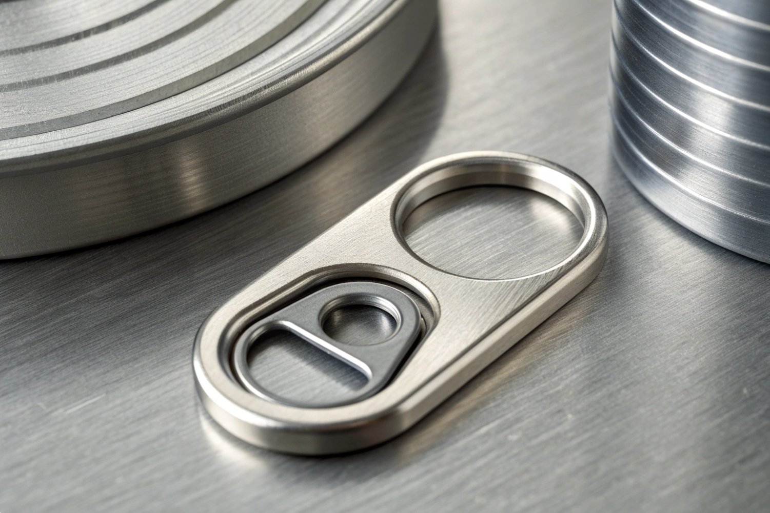 Precision Easy-Open Pull Tab Close-up of a precision-engineered metal pull-tab component for easy-open beverage and food cans