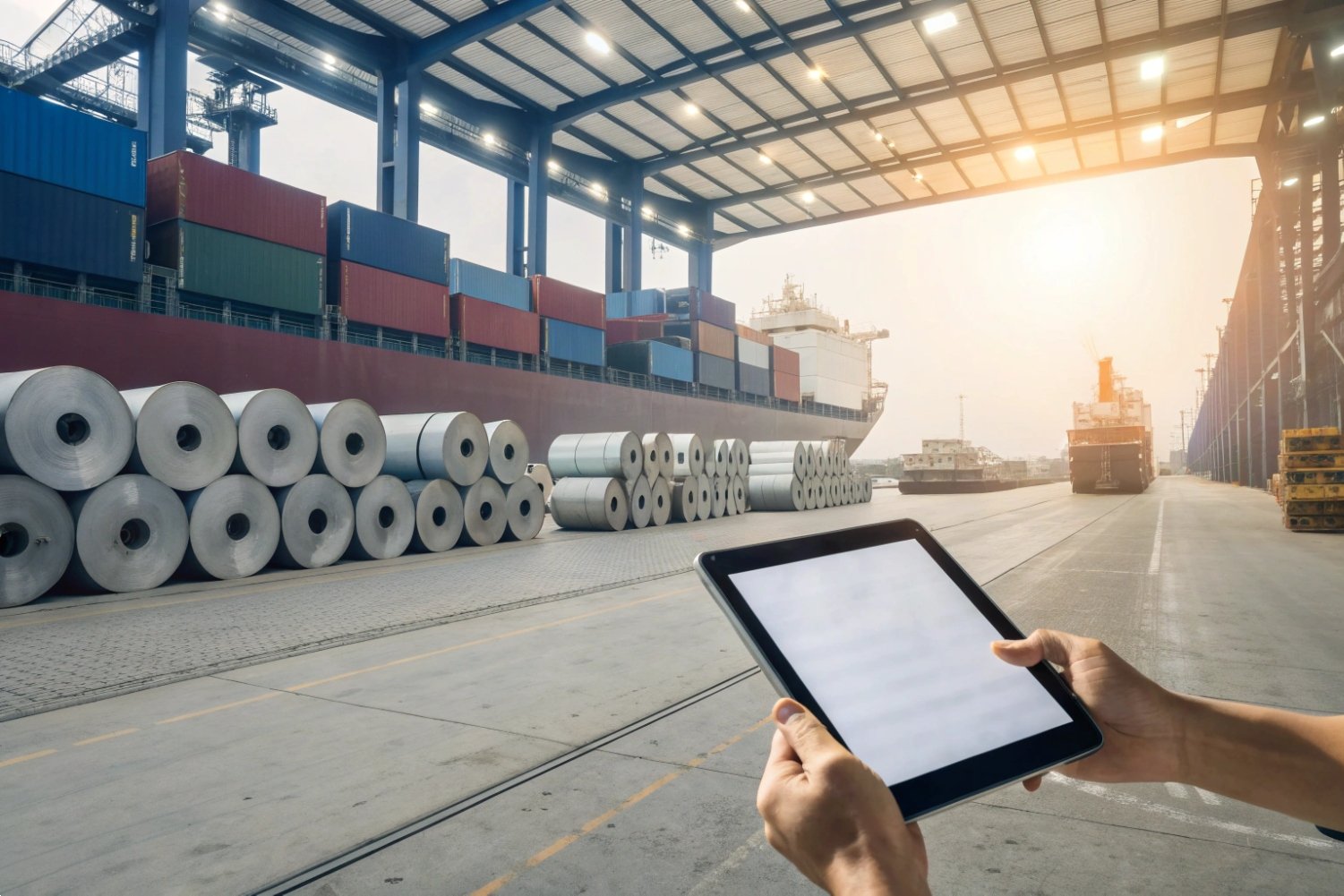 Logistics Steel Inventory Management Worker using digital tablet to manage large inventory of steel coils at shipping port