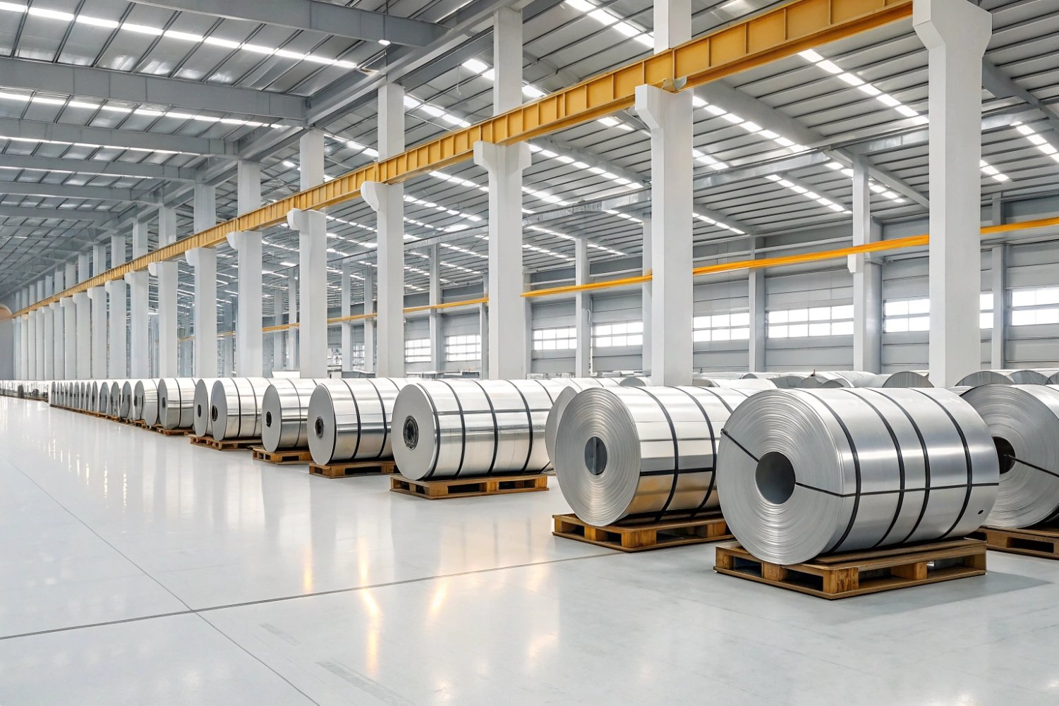 Industrial Steel Coil Storage Large-scale industrial warehouse storage hall filled with rows of heavy steel aluminum coils
