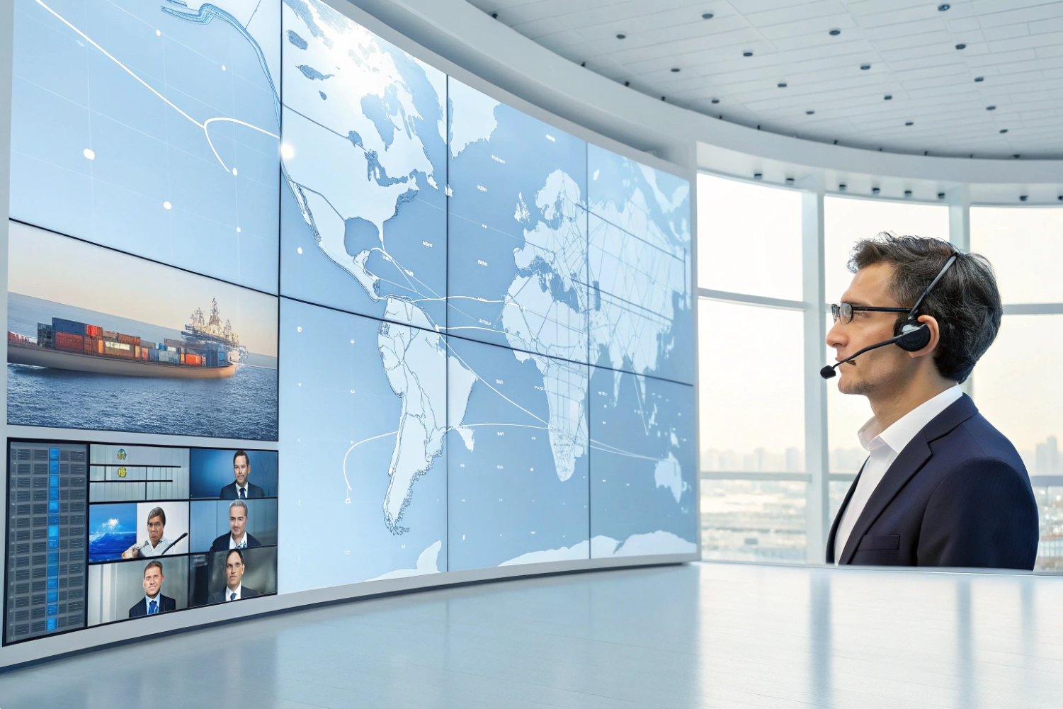 Global Logistics Control Center Global logistics operations center with wall-sized digital world map and ship monitoring screens.