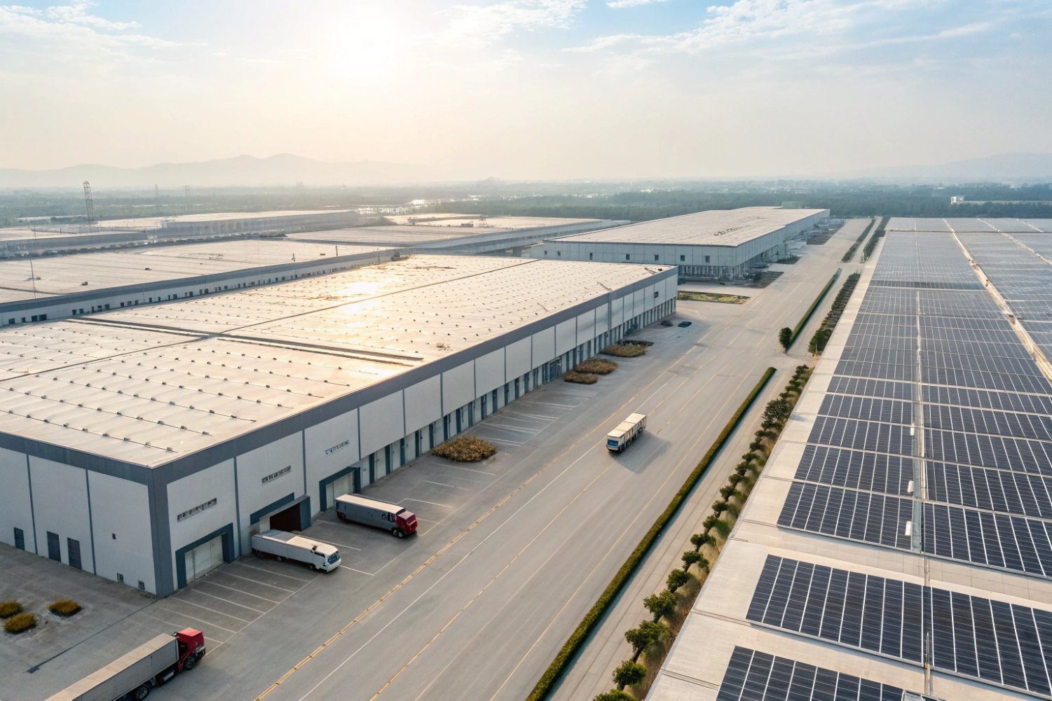Sustainable Green Logistics Center Aerial view of a massive logistics warehouse complex equipped with rooftop solar panels.
