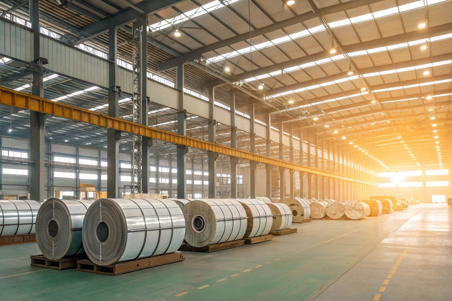 Steel Manufacturing Facility Spacious industrial plant with rows of steel coils under bright yellow sunlight.